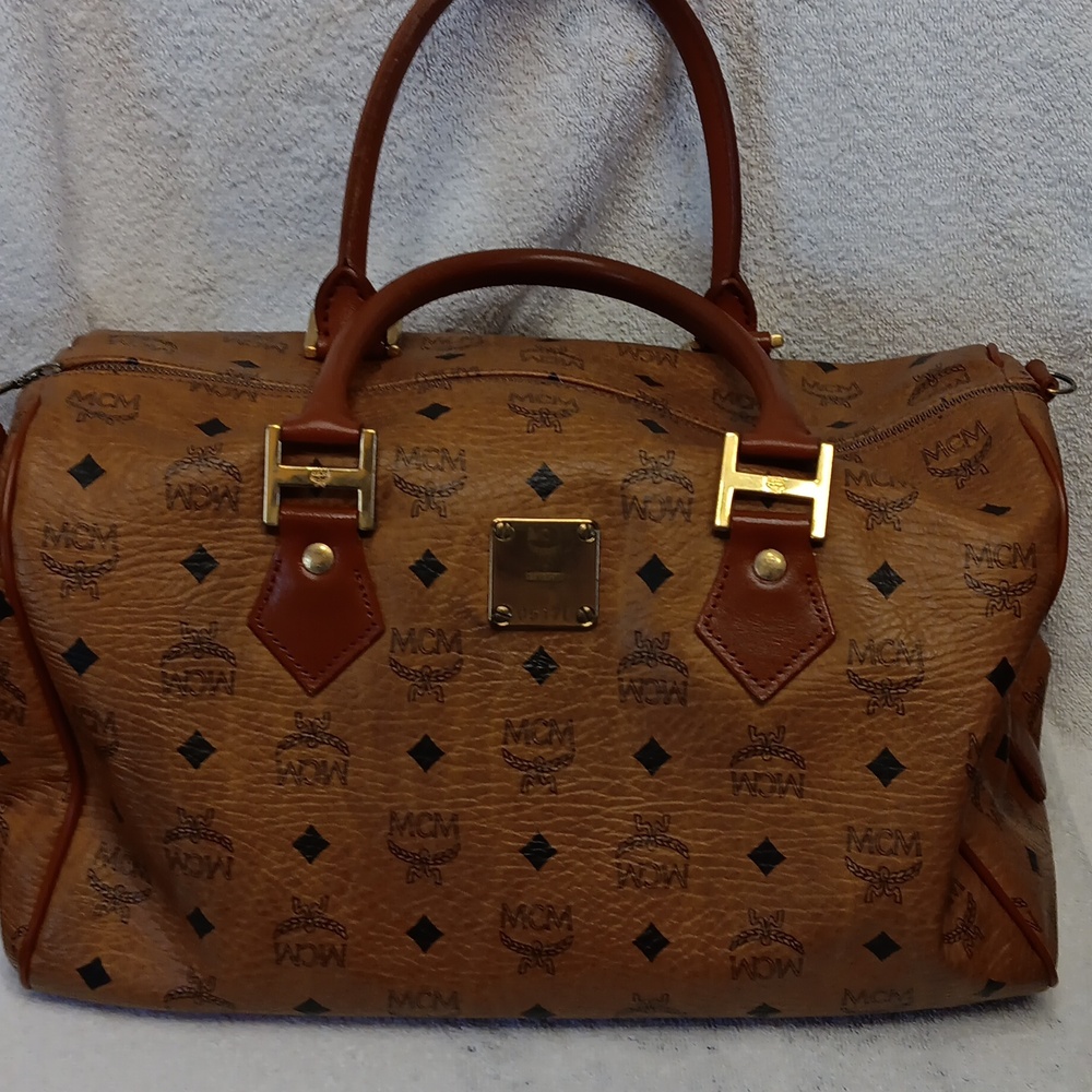MCM Vicetos Monogram Cognac Boston Bag